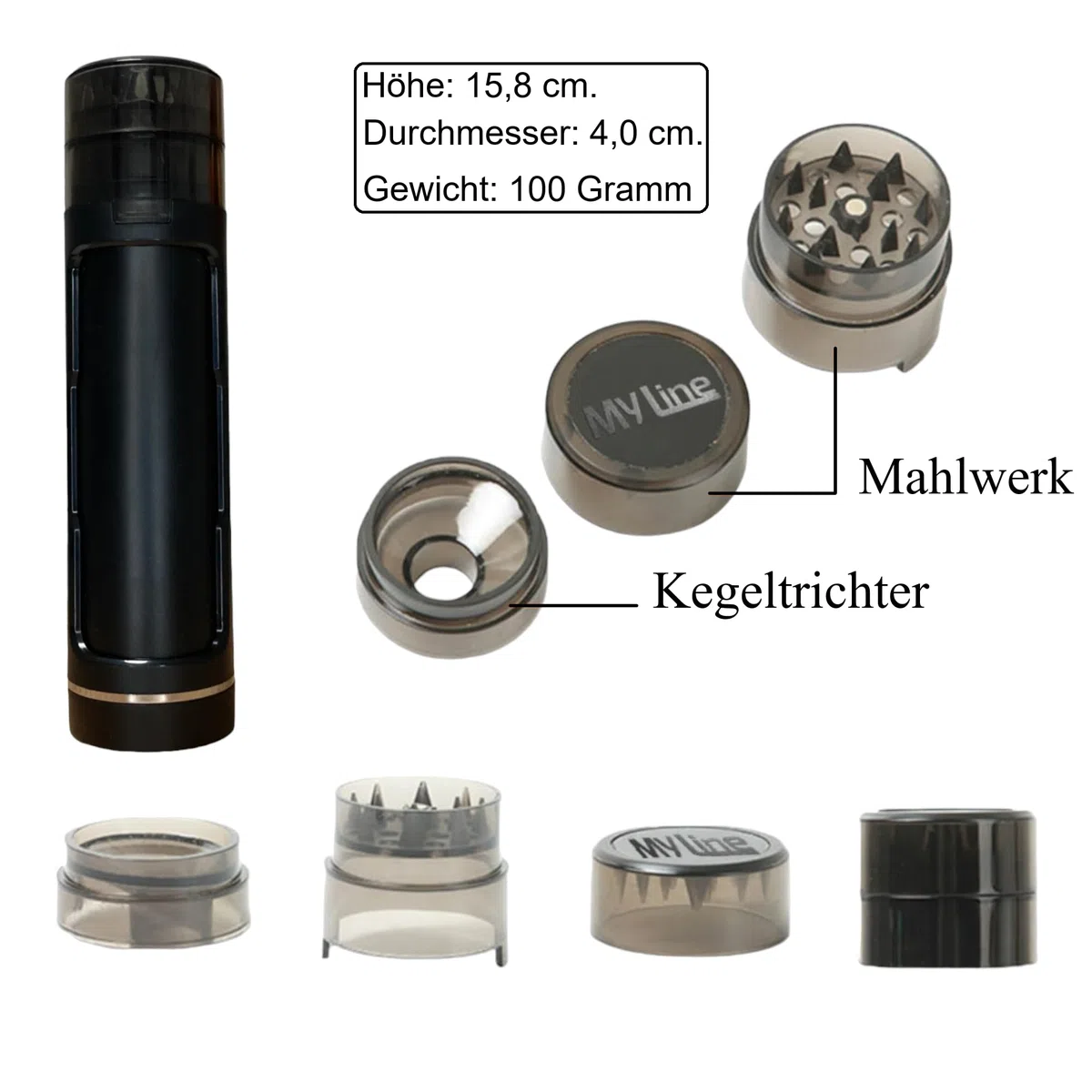 My Line Grinder mit geruchsneutraler Joint Aufbewahrung - Crusher für Kräuter,Tabak,Gewürz - Kräutermühle mit Joint Befüllung - Joint Zubehör- inklusive Reinigungsset (Schwarz)