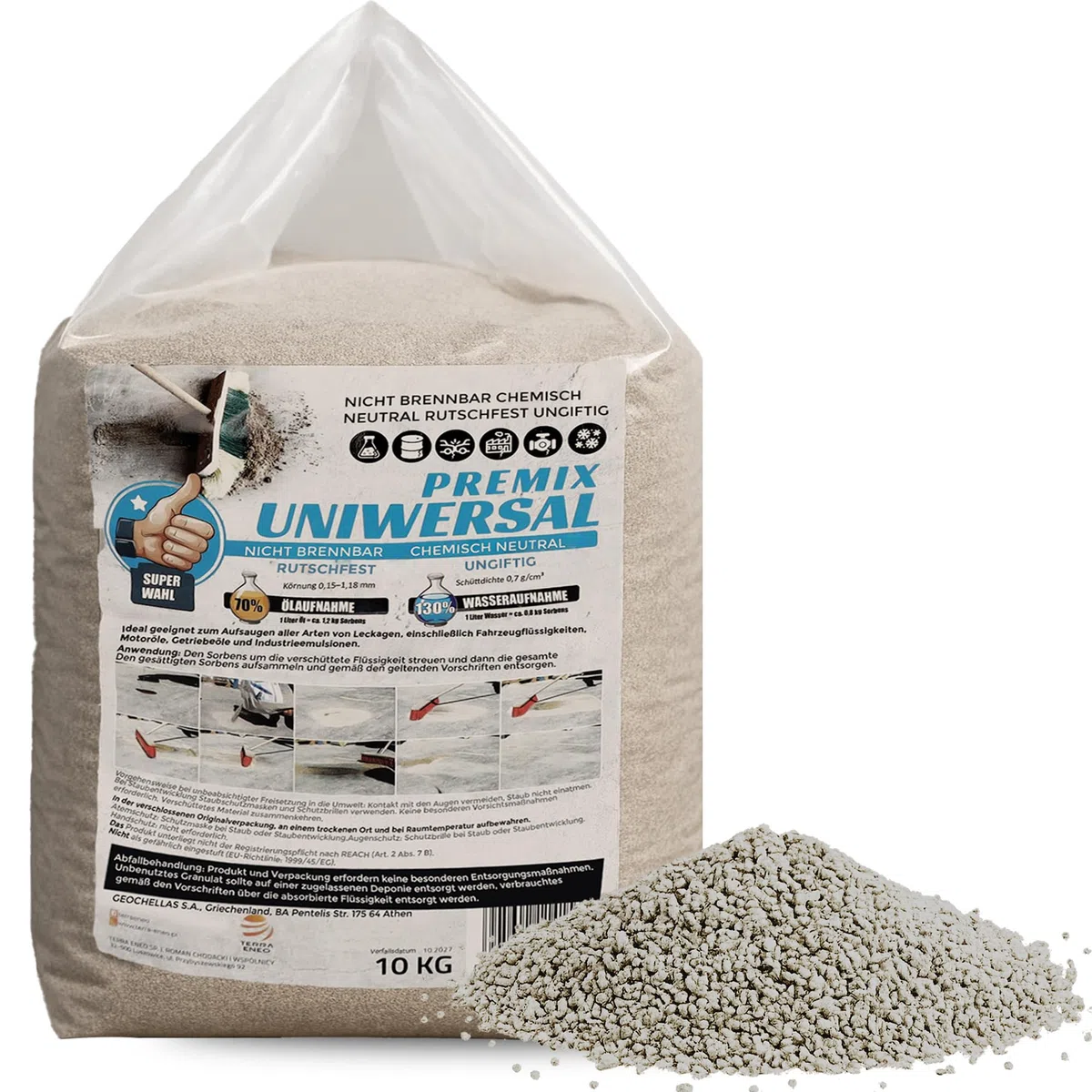 SAMETRUCK 20L Ölbindemittel Sack 10kg Granulat fein Chemikalienbinder Körnung 0,25-0,85mm