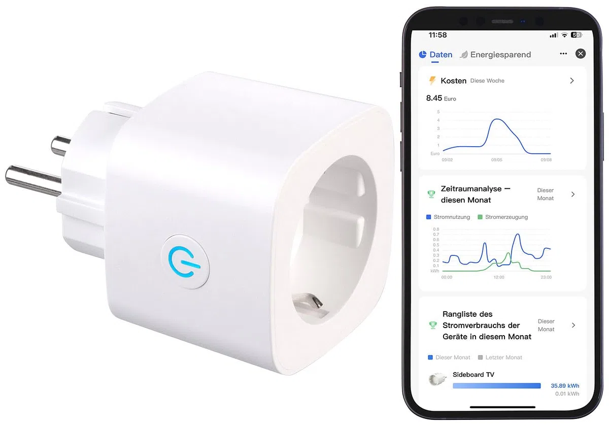 Luminea Home Control Energiemesser: 2in1-WLAN-Steckdose mit bidirektionaler Strom-Messung, 16 A, App (Stromzähler für Balkonkraftwerk, WLAN Steckdose Solar, Stecker)