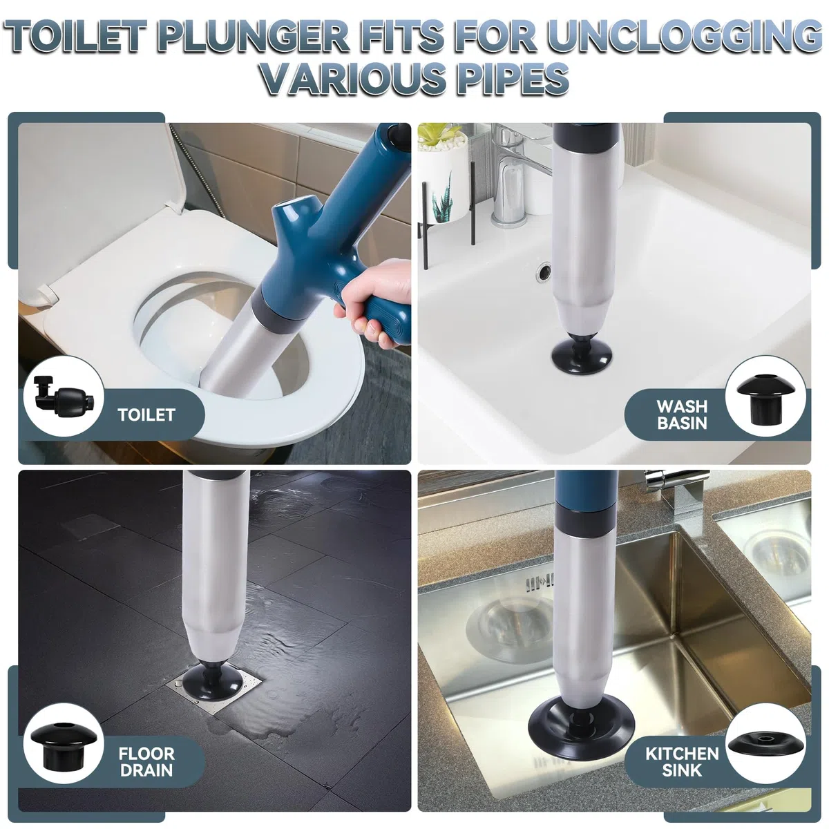 Abflussreiniger Pumpe für Toilette, Druckluft Rohrreiniger Pressluft WC Verstopft Pumpe mit Luftdruckanzeige und 4 Düsen, Verstopfung Toilettenpumpe für Abfluss, Spüle