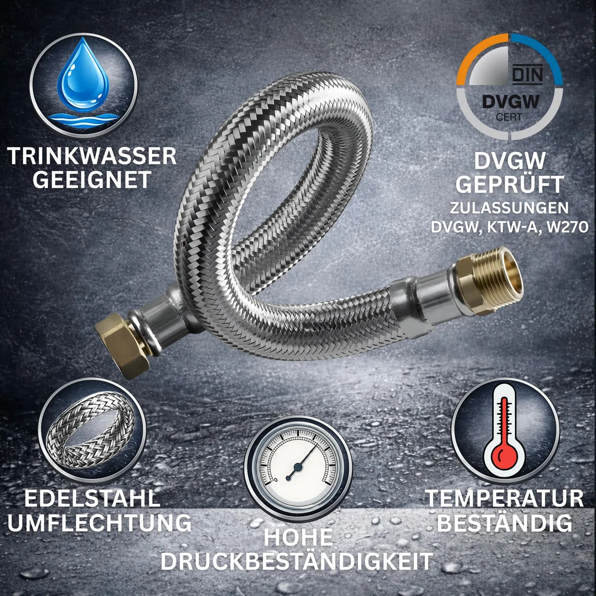 DVGW gep. Panzerschlauch 1 Zoll DN25 Edelstahl Flexschlauch Wasseranschluss Heizung Enthärtungsanlage mit Edelstahlumflechtung | 80 cm Überwurfmutter x Überwurfmutter