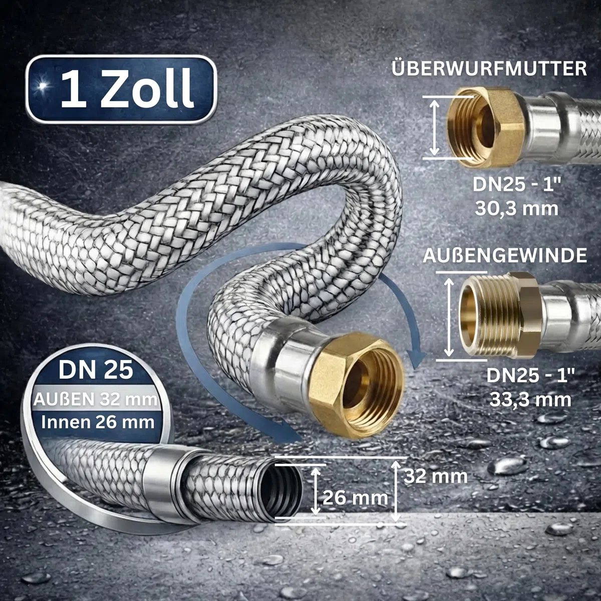 DVGW gep. Panzerschlauch 1 Zoll DN25 Edelstahl Flexschlauch Wasseranschluss Heizung Enthärtungsanlage mit Edelstahlumflechtung | 80 cm Überwurfmutter x Überwurfmutter