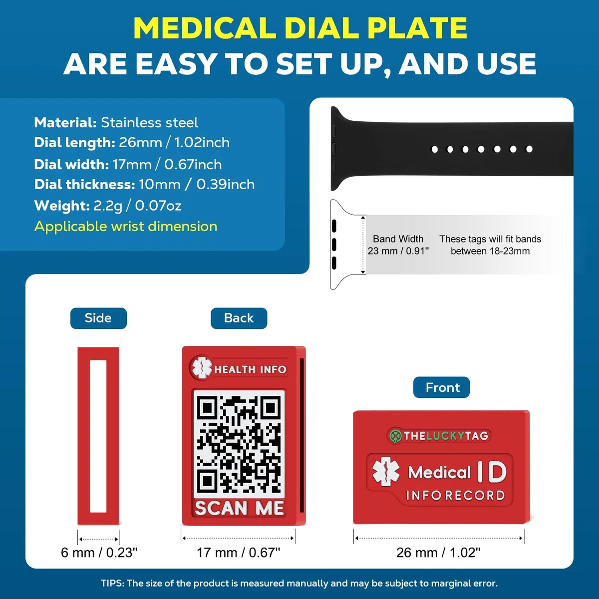 Verbessertes medizinisches Armband für Männer und Frauen mit QR-Code, medizinische Notfall-ID-Armbänder – Titan-Stahl-Armband passt Handgelenken von 20,3 - 25,4 cm – mehr Platz,