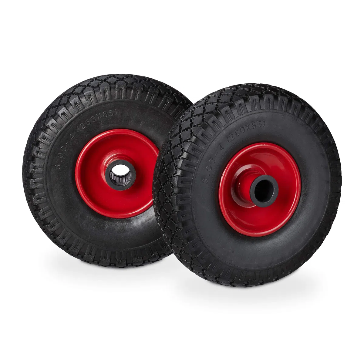 Relaxdays Sackkarrenrad Set, pannensicher, 3.00-4 Vollgummireifen, Stahlfelge, 25mm Achse, 100 kg, 260x85mm, schwarz-rot