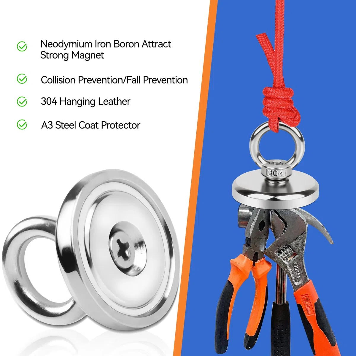 8 Stück Neodym Magnete Extra Stark 45kg Groß Magnetfischen 32MM Magnete Stark, Super Starker Angelmagnet mit Heberinge und Schrauben Loch für Geeignet Magnet Fischen in Haus, Werkstatt