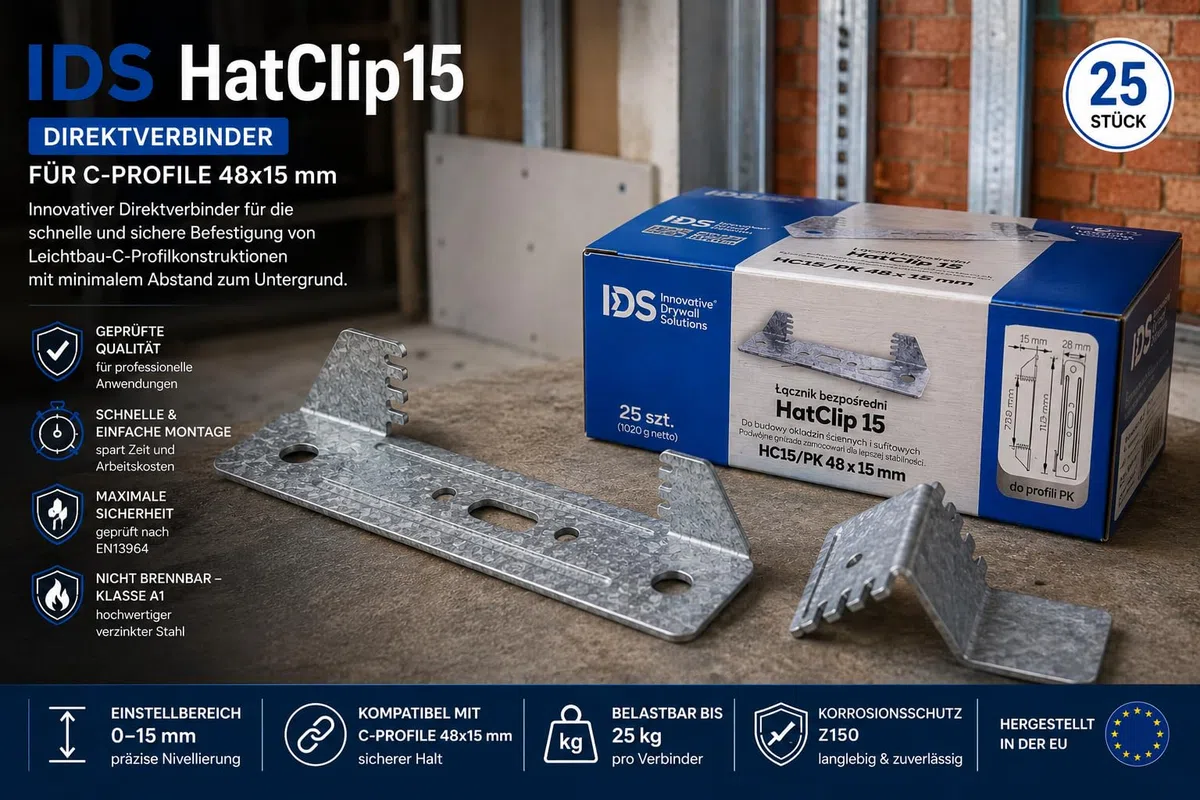 IDS HatClip15 Direktabhänger für Hutprofil 48x15 mm 25 Stück Schnellmontage Trockenbau Wand Decke Unterkonstruktion verzinkt