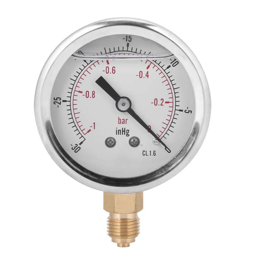 1/4 BSP Ölgefülltes Hydraulisches Manometer, Vakuum Manometers -1–0 bar / -30–0 inHg, Edelstahl Unterdruck Manometer mit Öl Dämpfung für Industrie, Maschinen, Chemie & Erdöl