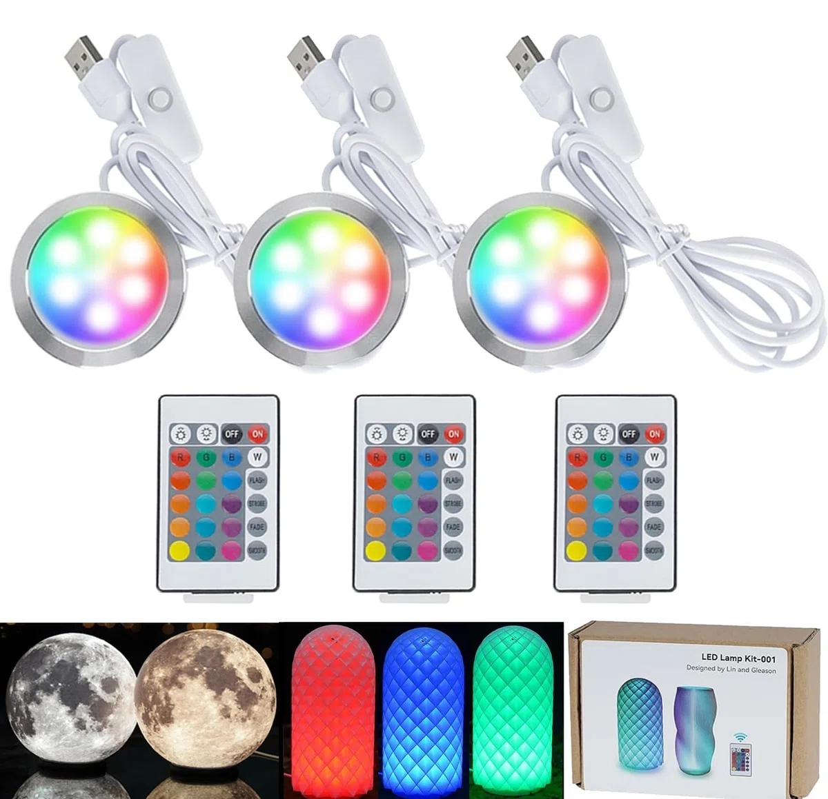3 Stück RGB LED Lampen-Kits 001 für Bambu Lab A1 mini/P1S/P2S/X1C/X1E/A1, Makerworld 3D-gedruckt, Farbspeicherung bei Stromausfall, Fernbedienung, Dimmfunktion, DIY-Hardware-Modell-Ersatzteile