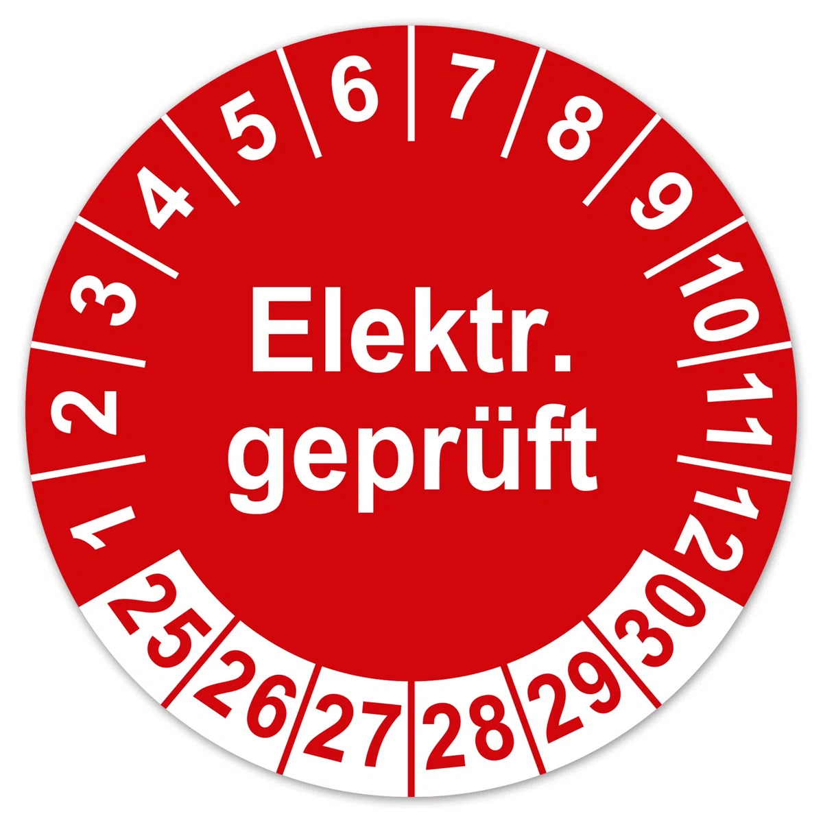 Prüfplaketten Elektr. geprüft 2025-2030 Prüfetiketten Elektrogeräte Prüfung Kontrolle für Betriebsmittel Geräte Maschinen Aufkleber selbstklebend wasserfest LTD001 (100, Rot, ⌀30mm)