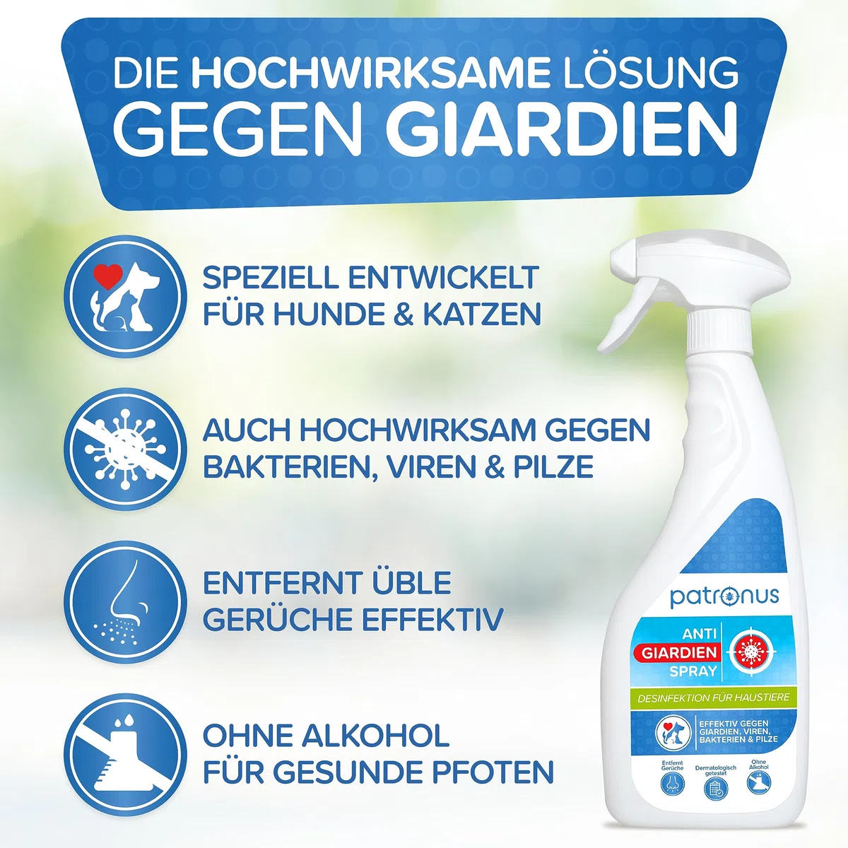 Patronus Giardien-Spray speziell für Hund & Katze 500ml - Hygiene-Spray für Haustiere als Desinfektionsmittel für Oberflächen gegen Viren, Bakterien & Pilze - hochwirksam & hautschonend