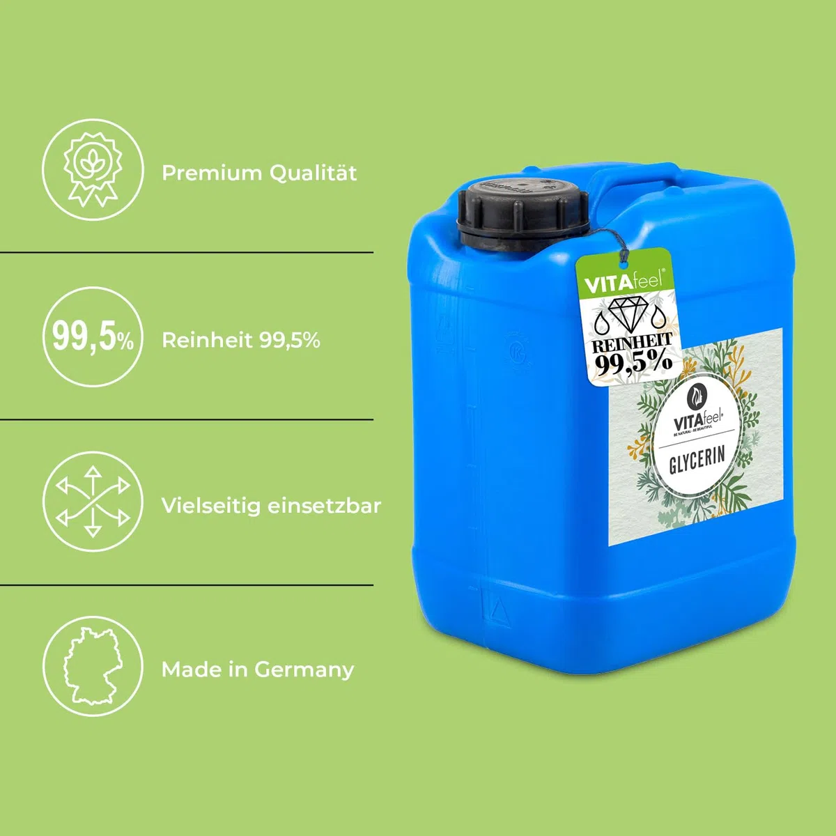 GreatVita Glycerin 99,5% | Perfekt für DIY Desinfektion | rein pflanzlich & vegan - Kosmetik & Hautpflege | Farb- & geruchlos, niedrige Viskosität, vielseitig einsetzbar (5000 ml (1er Pack))