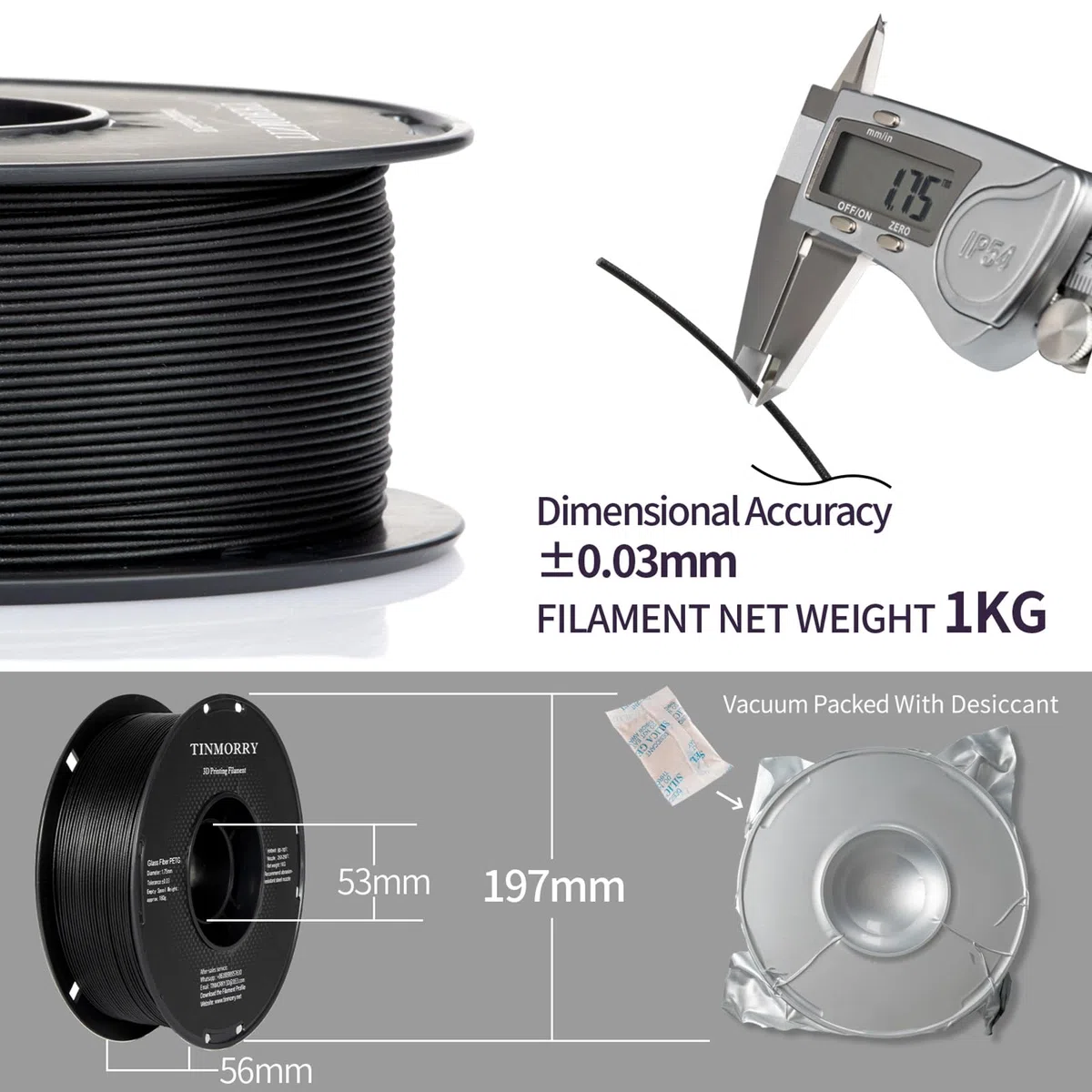 TINMORRY Glasfaserverstärktes PETG Filament 1.75mm, Hohe Schlagzähigkeit PETG GF 3D Druck Filament, Haltbarkeit & Steifigkeit, Passend für die meisten FDM 3D Drucker, 1 KG 1 Spule, Frosted Schwarz
