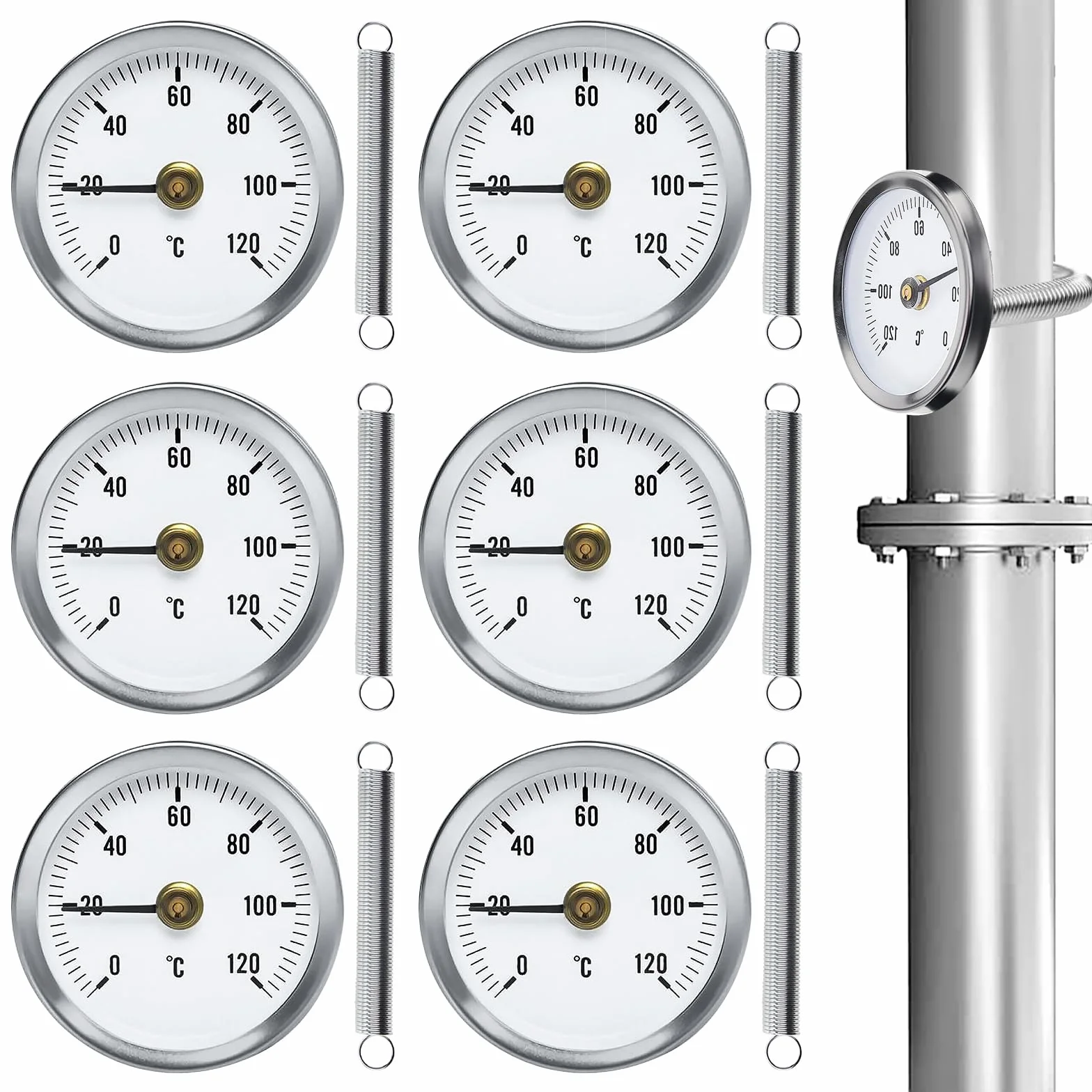PORFOYO 6 Stück Anlegethermometer Heizungsrohr, Rohrthermometer, Temperaturanzeige Mit Clip-On Feder, Mit Aufsteckfeder 63mm Heißes Wasser Rohr Thermometer Zeigerthermometer Für Rohre 0-120℃