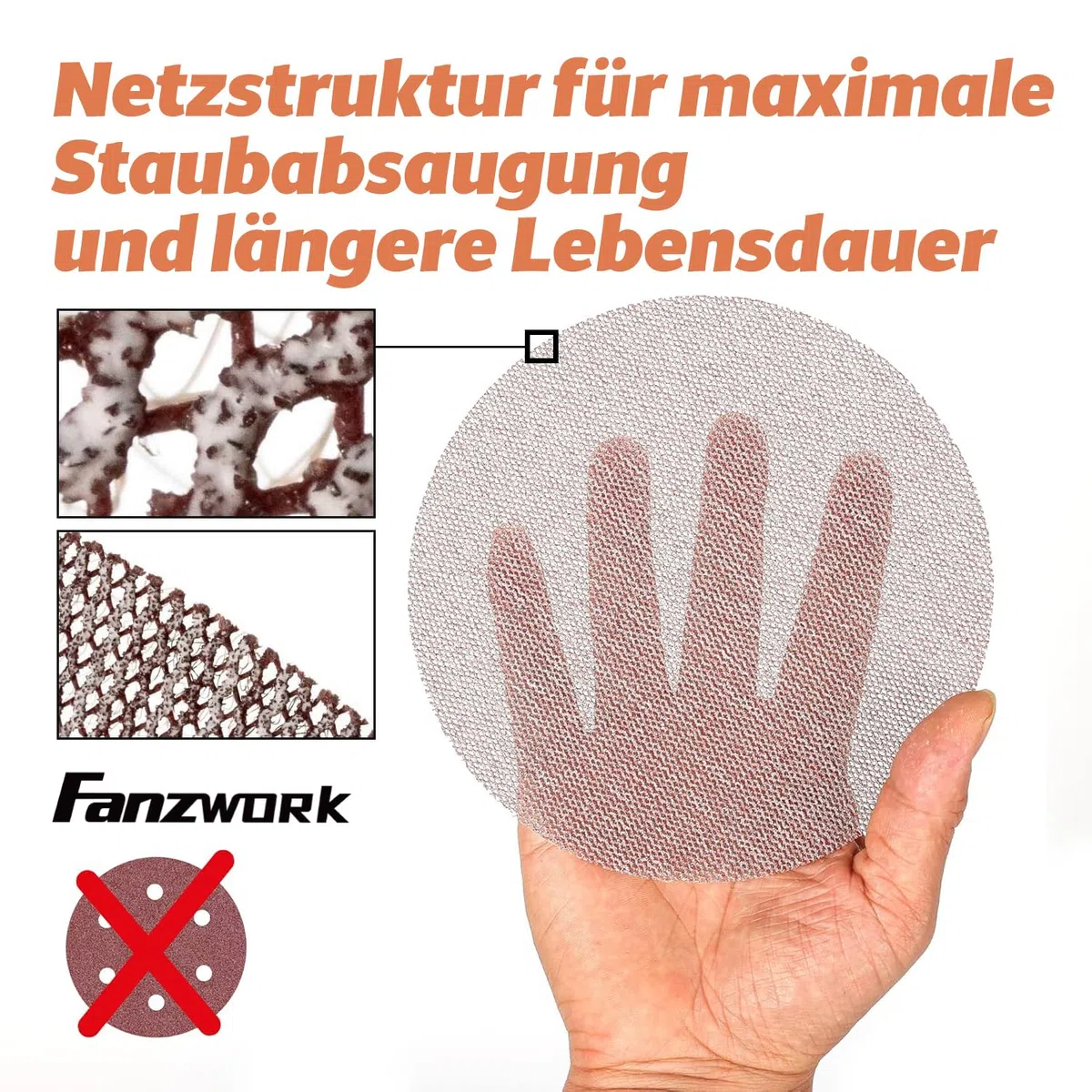 FANZWORK 30 Stück 150 mm Netz-Schleifgitter Klett für Exzenterschleifer, Korn P120 – Schleifgitter Set für Holz, Metall, Kunststoff & Lack