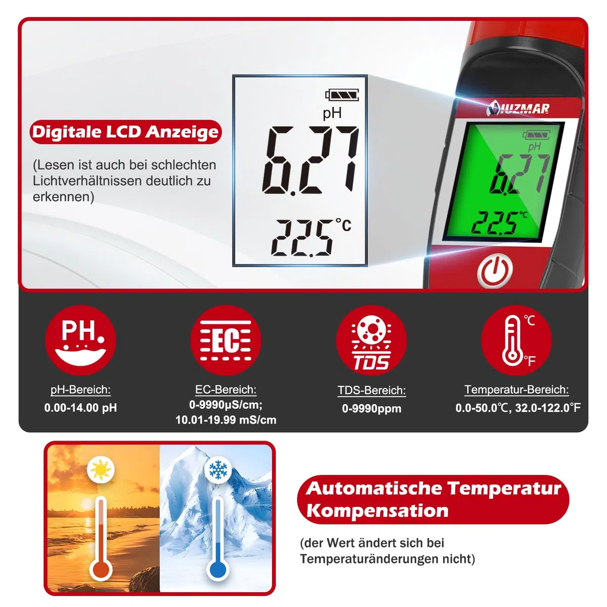 UIUZMAR pH Messgerät Wasser, pH EC Messgerät Grow für Hydrokultur, TDS pH Messgerät für Trinkwasser, Pool Wasserqualitätstester von 4 in 1 pH EC TDS Temperatur für Schwimmbecken, Whirlpool, Aquarium