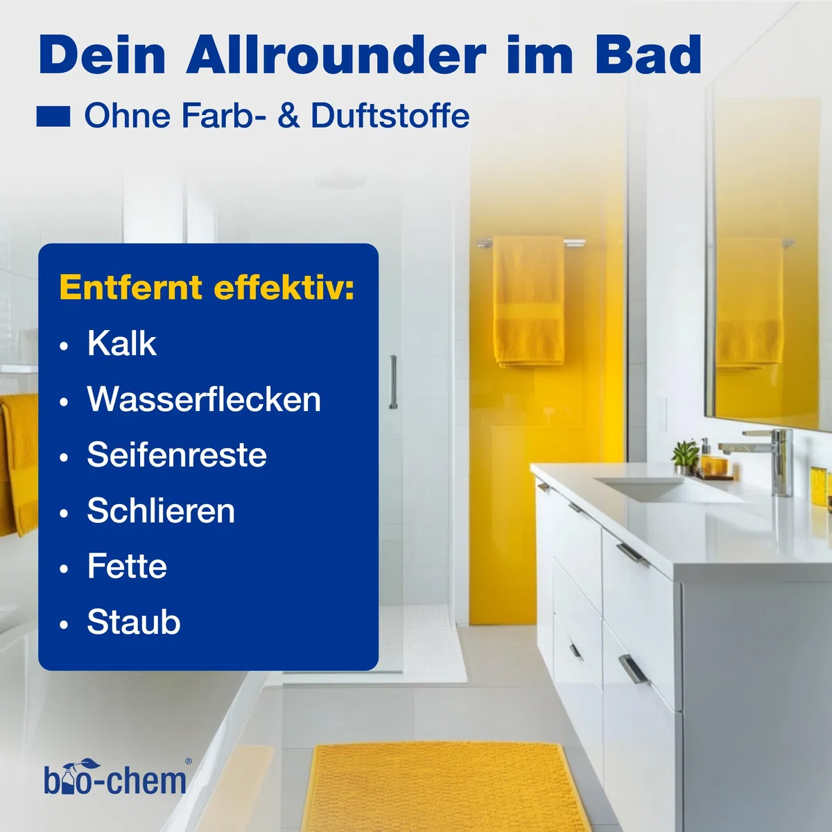 bio-chem Badreiniger Sanitärreiniger 750ml mit Fugenbürste | Kalkentferner Spray für Dusche, WC, Fliesen & Waschbecken | Bürste für Fugen und Rillen