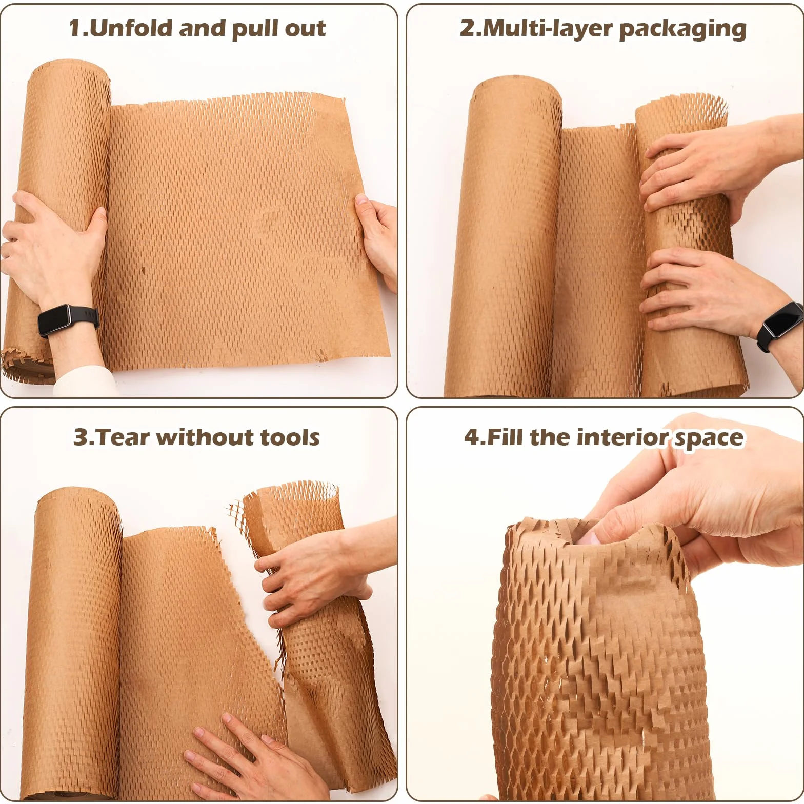 Wabenpapier Verpackungspapier Rolle 38cm x 70m, Braunes Verpackungsmaterial Verpacken Papier enthält 36 Aufkleber für zerbrechliche Gegenstände, Luftpolsterfolie Alternative für Polsterpapier