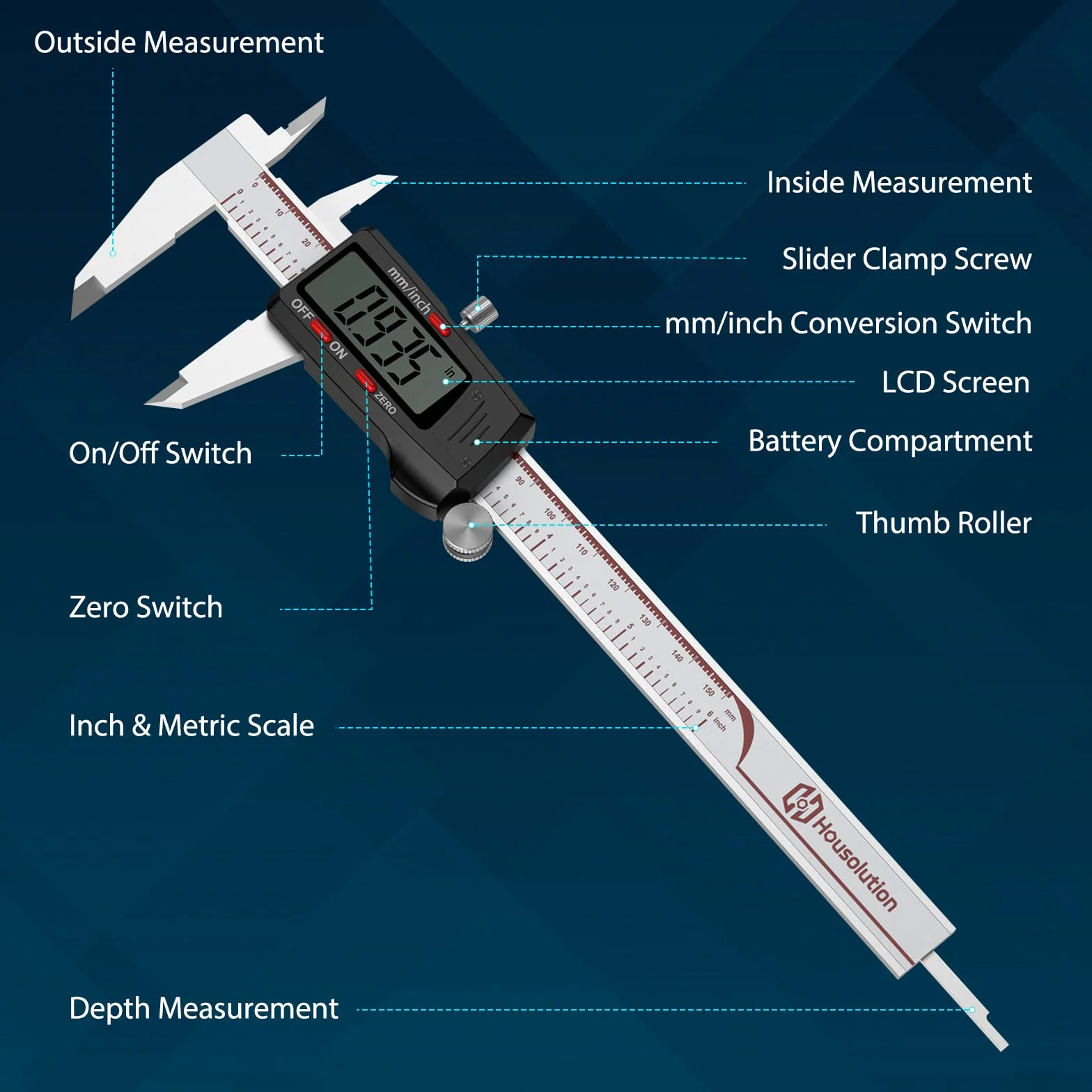 Housolution Digitaler Messschieber 6 Zoll Mit Großem LCD-Bildschirm, Zoll/MM, 4 Messwege, Auto-Off, Edelstahl-Mikrometer für Drucker, Juweliere, Holzhandwerker