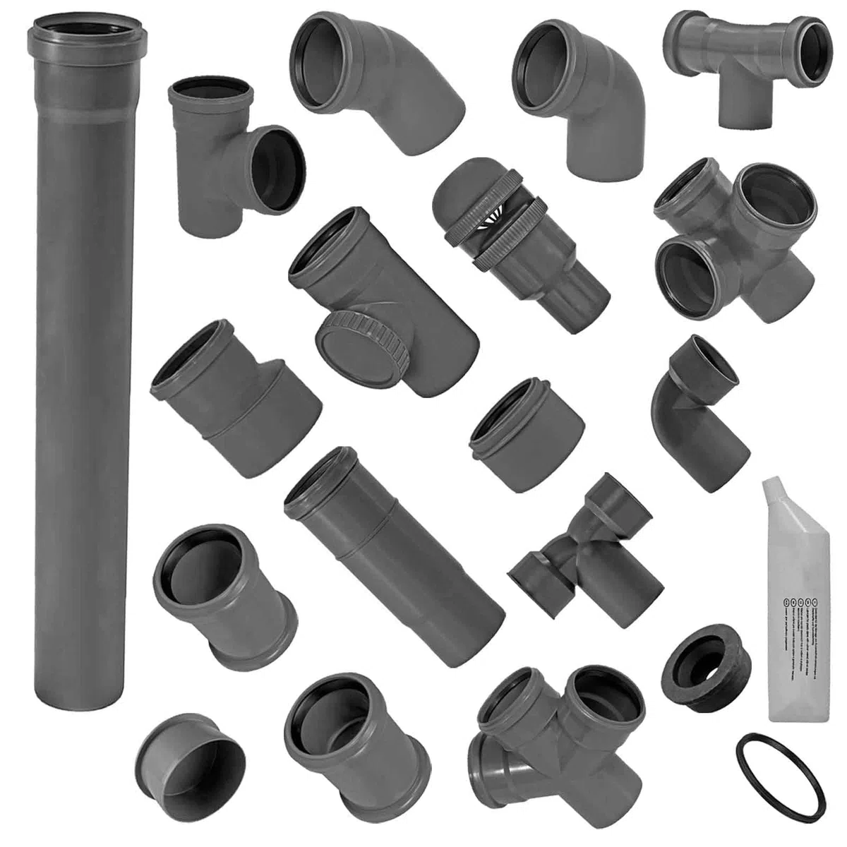 MegaHaustechnik HT Winkelsteckmuffe 87 Grad DN90 x DN110 für Rohr Außendurchmesser 90mm x 110mm mit Gummi-Dichtung + Gummi-Manschette, Kanalrohr Abwasser Abfluss Leitung Lüftung Kunststoff grau Bogen