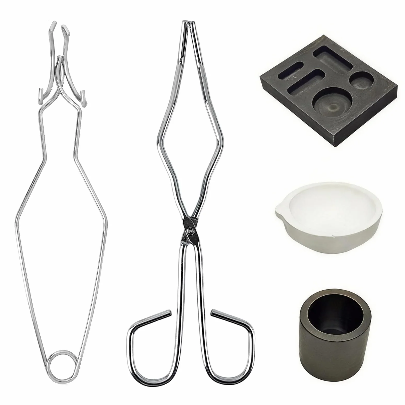 5 Stück Graphit Tiegel Kit, Graphit Gussform Schmelzofen set mit 2 Schweißklemmen und 1 Quarztiegel Hohe Schmelztiegel für Platin Gold Silber Messing Legierungs Schmelze