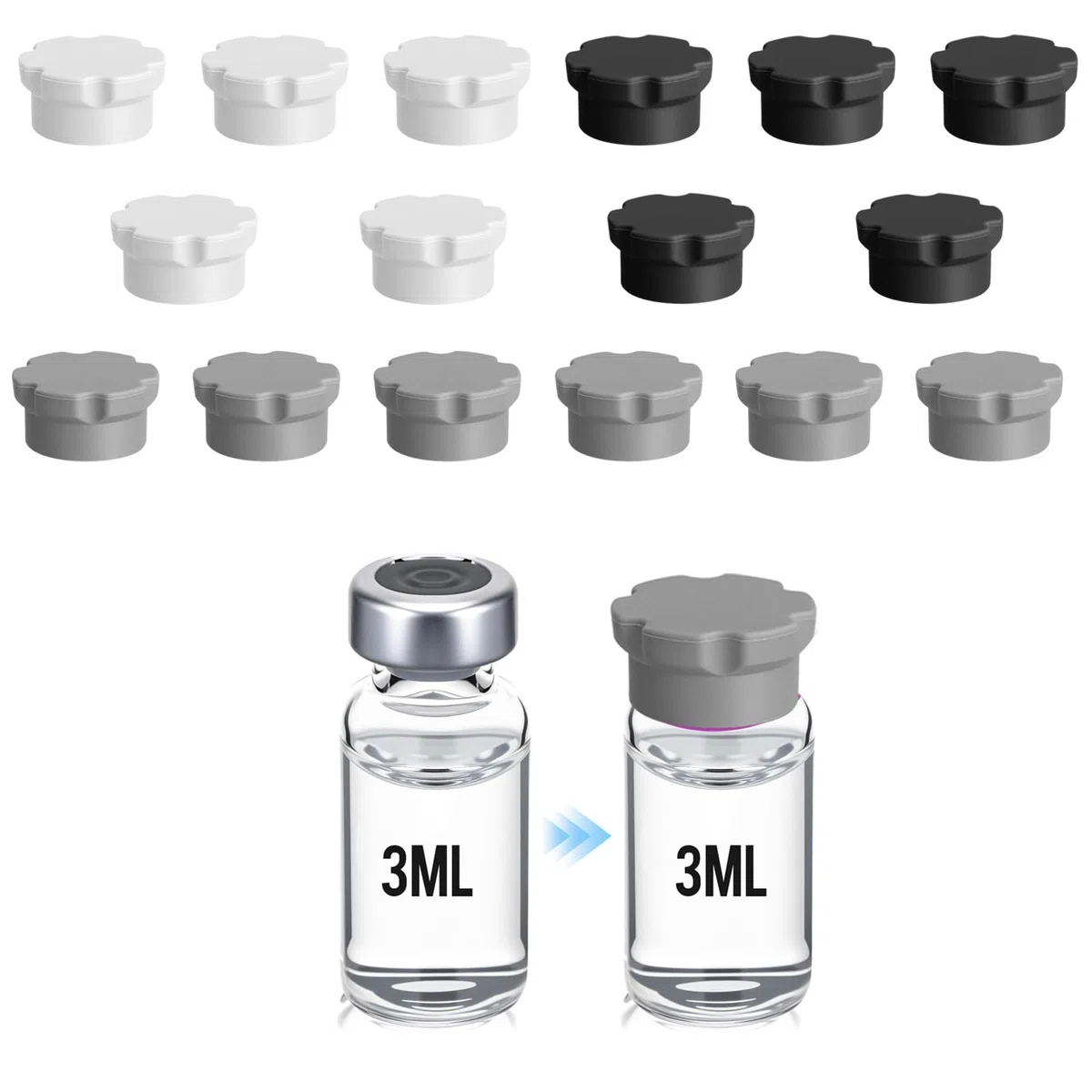16 Stück 3ml Glasfläschchen Schutzkappen 3 Farben Silikon Fläschchenverschlüsse Peptid Aufbewahrung Auslaufsicher Staubdicht Wiederverwendbar