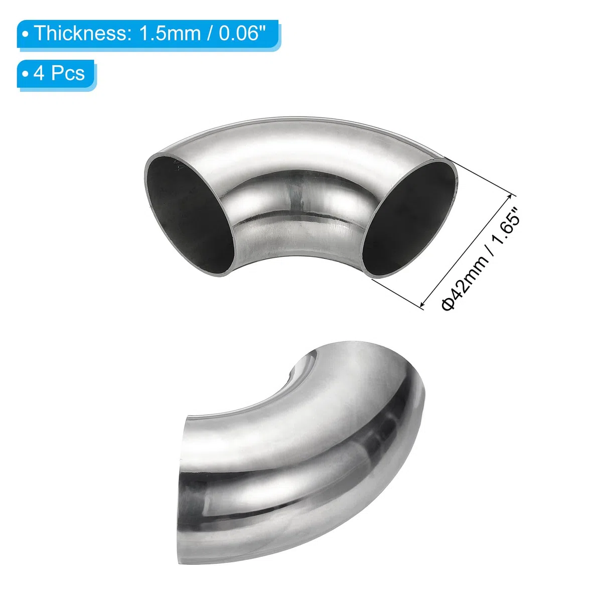 PATIKIL 4 Stück Edelstahl Rohrbogen 90 Grad Bogen, 42mm ID Stahl Auspuffbogen Auspuffrohrverbinder Edelstahlbogen 304 Edelstahl Rohr für Auspuffrohr Treppengeländer Auto HVAC