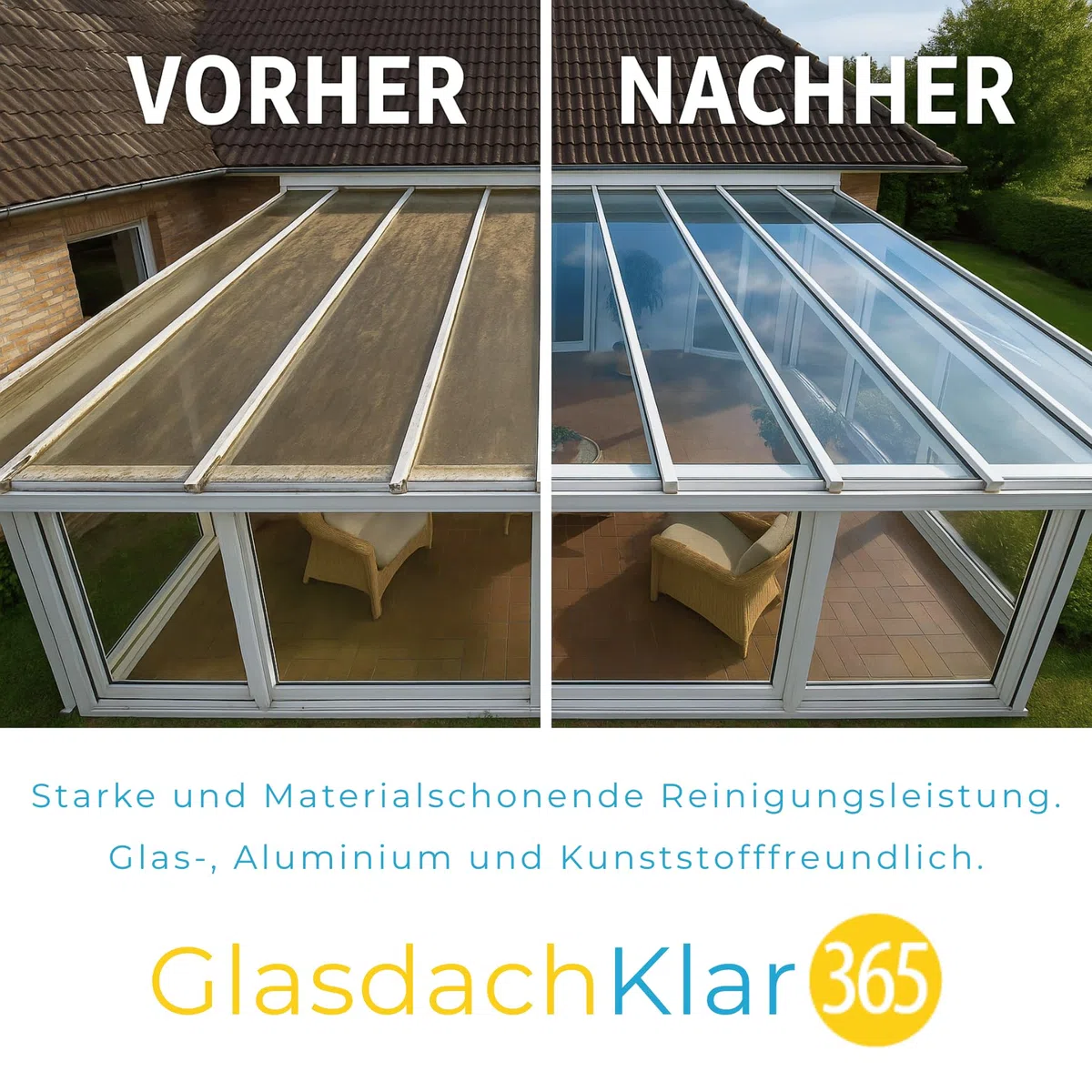 Glasdachklar365 Terrassendach- und Wintergarten Reiniger | Terassendach reinigen | Langanhaltender Schutz mit Nano-Versiegelung für Wintergärten 1 Liter