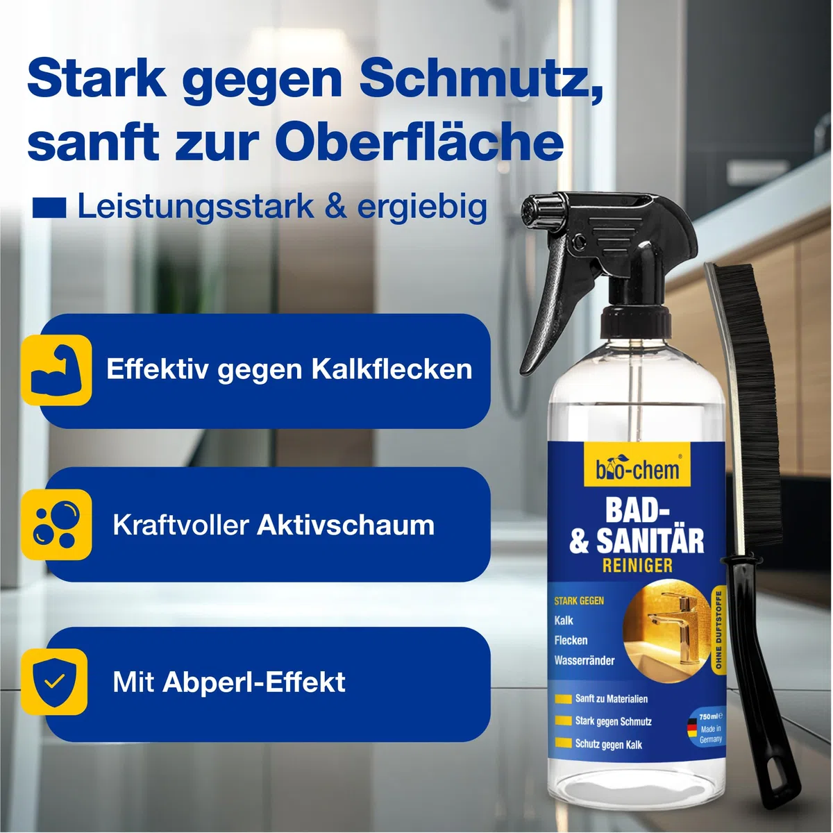 bio-chem Badreiniger Sanitärreiniger 750ml mit Fugenbürste | Kalkentferner Spray für Dusche, WC, Fliesen & Waschbecken | Bürste für Fugen und Rillen