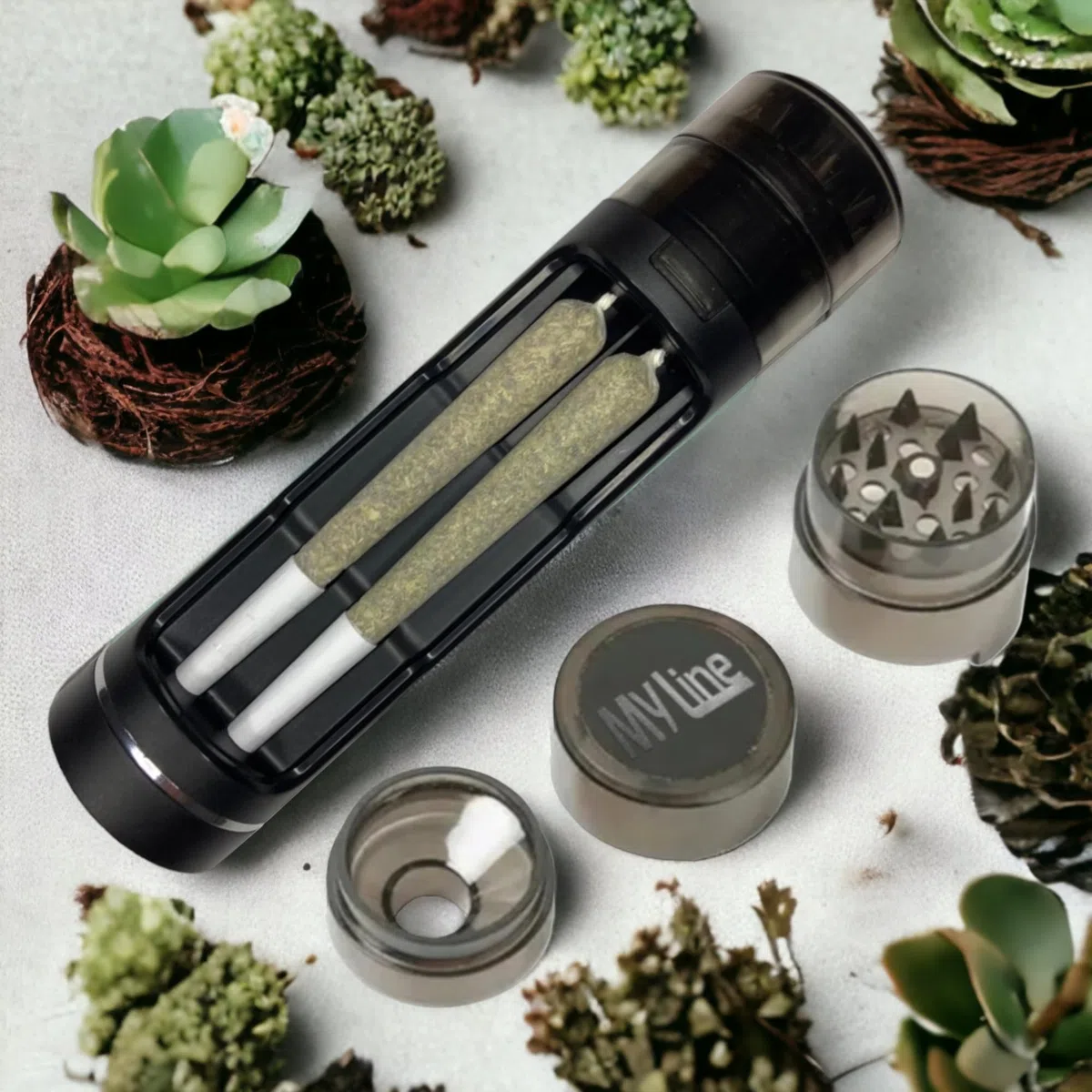 My Line Grinder mit geruchsneutraler Joint Aufbewahrung - Crusher für Kräuter,Tabak,Gewürz - Kräutermühle mit Joint Befüllung - Joint Zubehör- inklusive Reinigungsset (Schwarz)