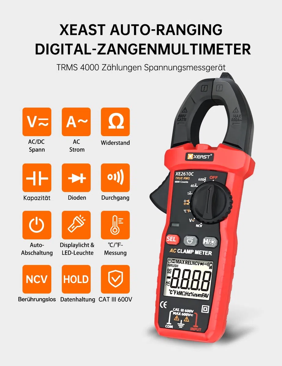 Stromzange Multimeter, True-RMS 4000 Zähl Auto Range Zangenamperemeter, Strommesszange für die Messung AC/DC-Spannung, AC-Strom Temperatur Widerstand Kapazität Kontinuität Diode NCV