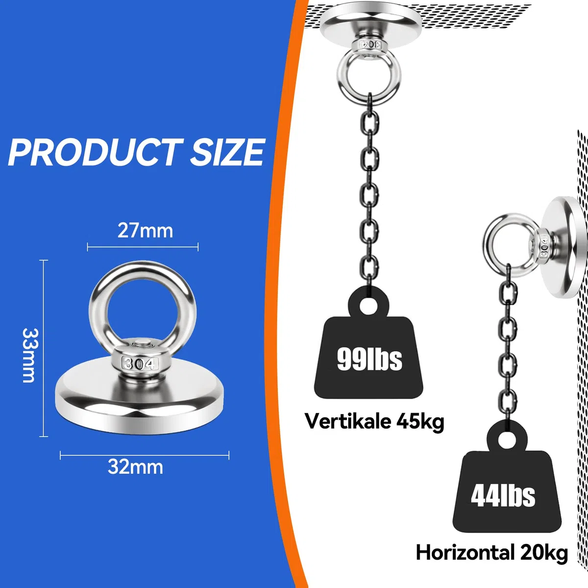 8 Stück Neodym Magnete Extra Stark 45kg Groß Magnetfischen 32MM Magnete Stark, Super Starker Angelmagnet mit Heberinge und Schrauben Loch für Geeignet Magnet Fischen in Haus, Werkstatt