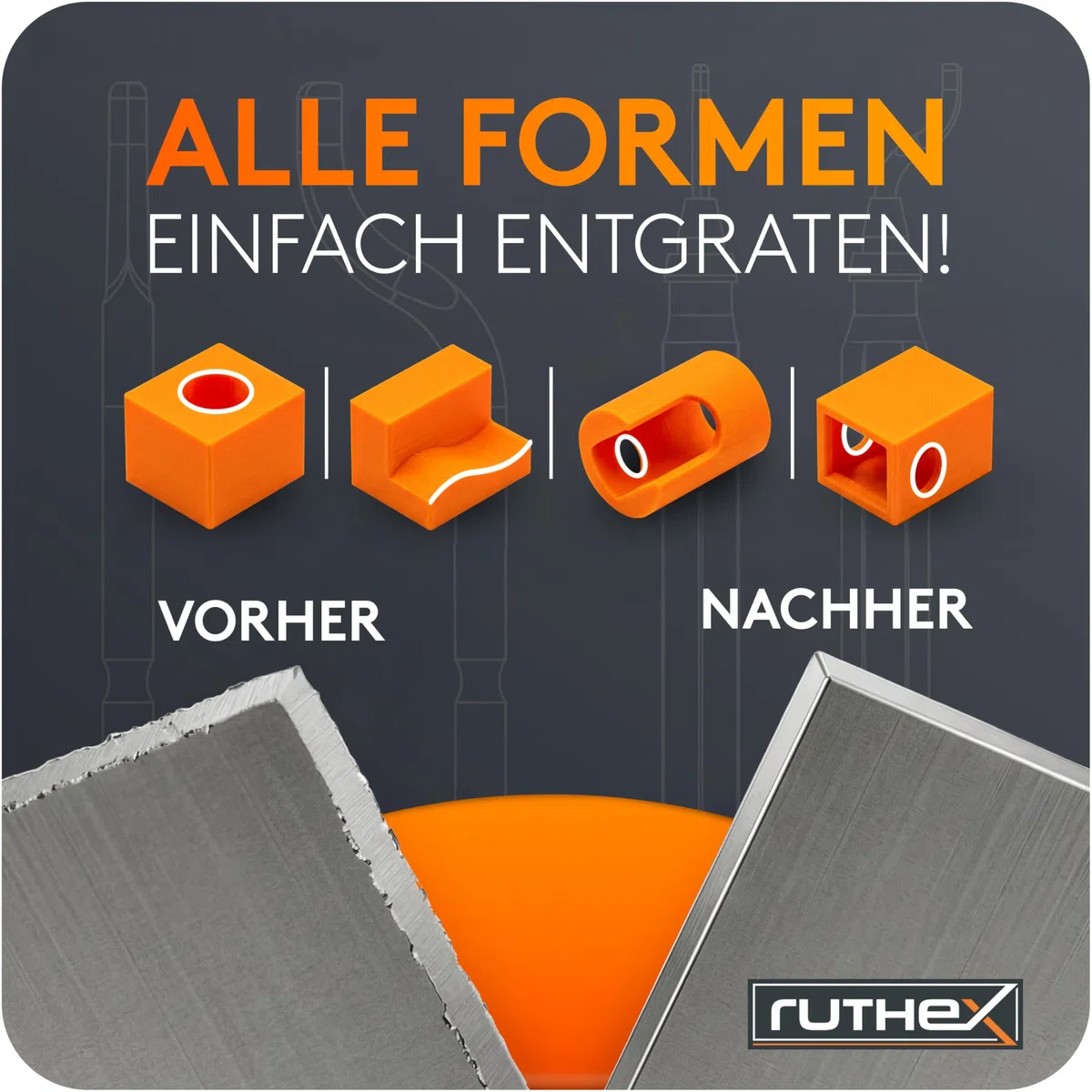 ruthex Entgrater in Metallbox inkl. 11 Klingen für Kunststoff, Metall, Edelstahl - ideal im 3D Druck - Handentgrater mit Griffstaufach - zusätzliche titanbeschichtete Entgraterklingen für Bohrungen