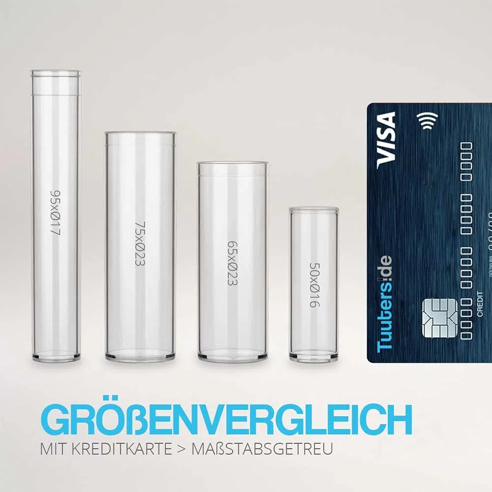 Tuuters 100x Kunststoff Reagenzgläser mit Korken, Kunststoffröhrchen (65 x Ø23, Flachlamelle)