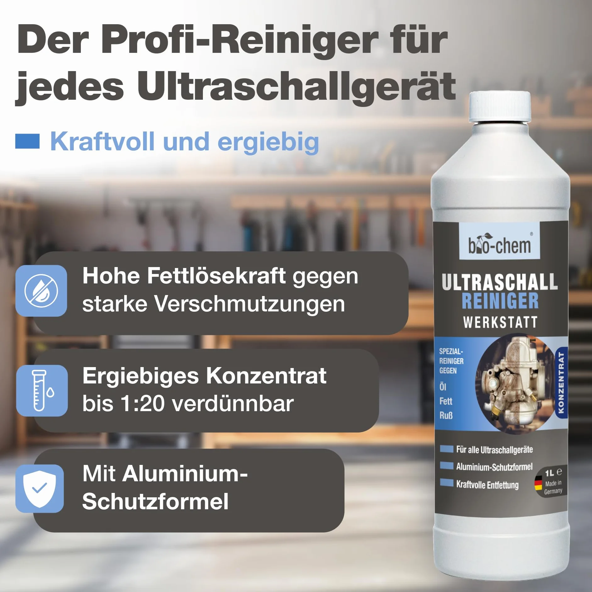 bio-chem Ultraschallreiniger Werkstatt Konzentrat 1L | Für Ultraschallbäder | geeignet für Vergaser, Metall & Aluminium bei Öl, Fett, Ruß & Abrieb
