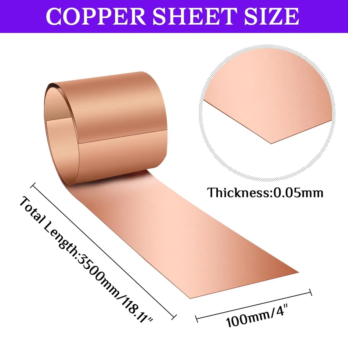 Kupferblechrolle Kupferband, 3500 x 100 x 0.05mm Kupferblech für Verschiedene Hausreparatur DIY Schneiden Handwerk Machen
