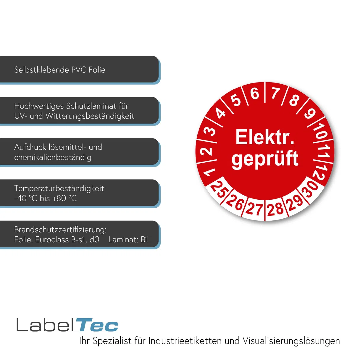Prüfplaketten Elektr. geprüft 2025-2030 Prüfetiketten Elektrogeräte Prüfung Kontrolle für Betriebsmittel Geräte Maschinen Aufkleber selbstklebend wasserfest LTD001 (100, Rot, ⌀30mm)