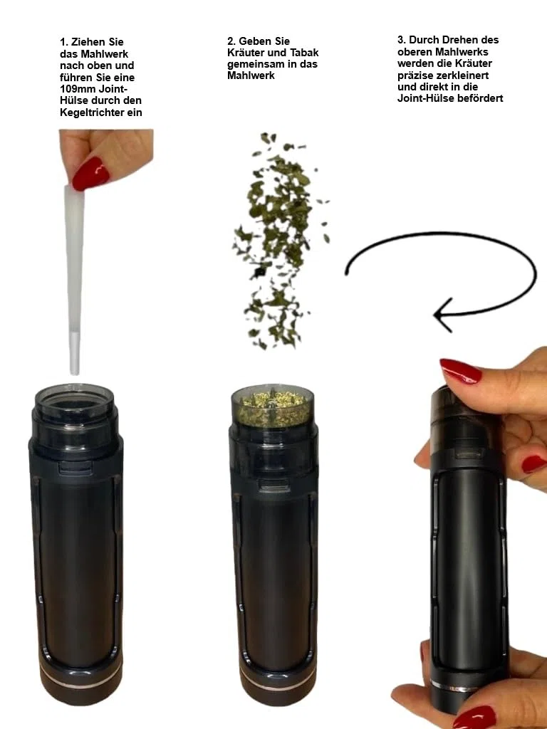 My Line Grinder mit geruchsneutraler Joint Aufbewahrung - Crusher für Kräuter,Tabak,Gewürz - Kräutermühle mit Joint Befüllung - Joint Zubehör- inklusive Reinigungsset (Schwarz)