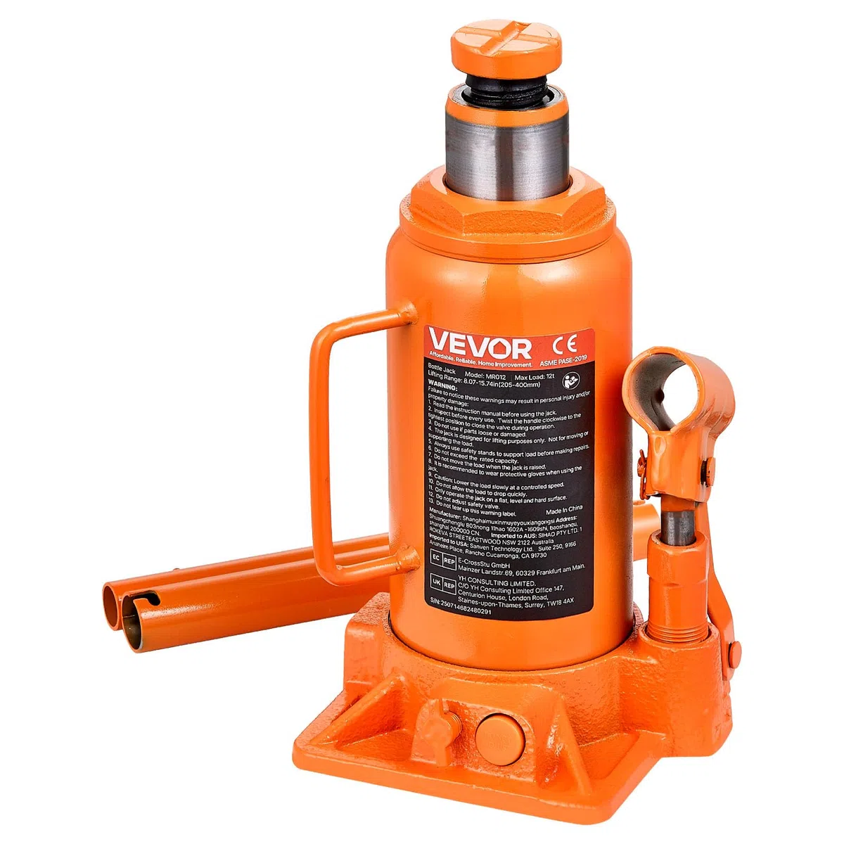 VEVOR hydraulischer Wagenheber Flaschenwagenheber 12 t 205–400 mm Hubbereich, Hochleistungs-Stempelwagenheber für Auto SUV Pickup Autoreparatur Hauslift landwirtschaftliche Geräte, Orange