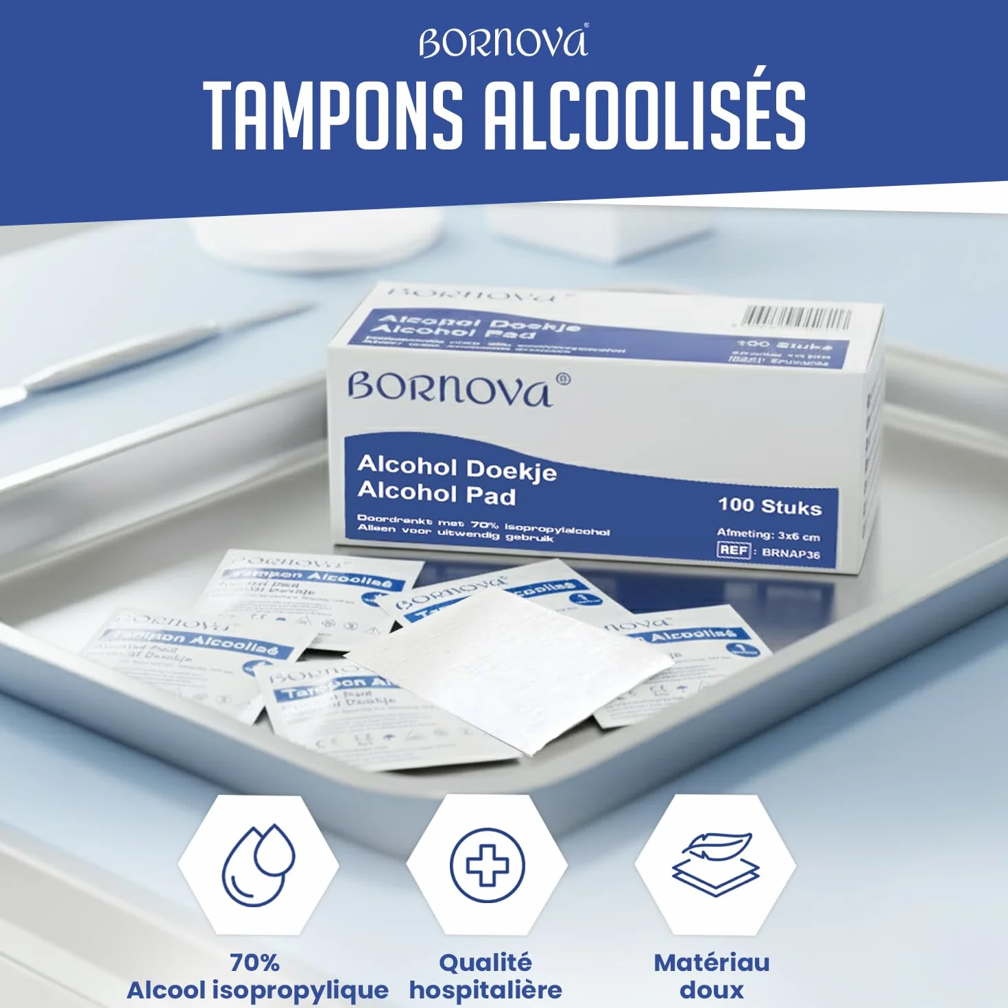 300 Stück – Alc-Pads, imprägniert – Reinigungstuch, 3 x 6 cm für die Reinigung von Haut und Gegenständen, Einmalgebrauch. BORNOVA