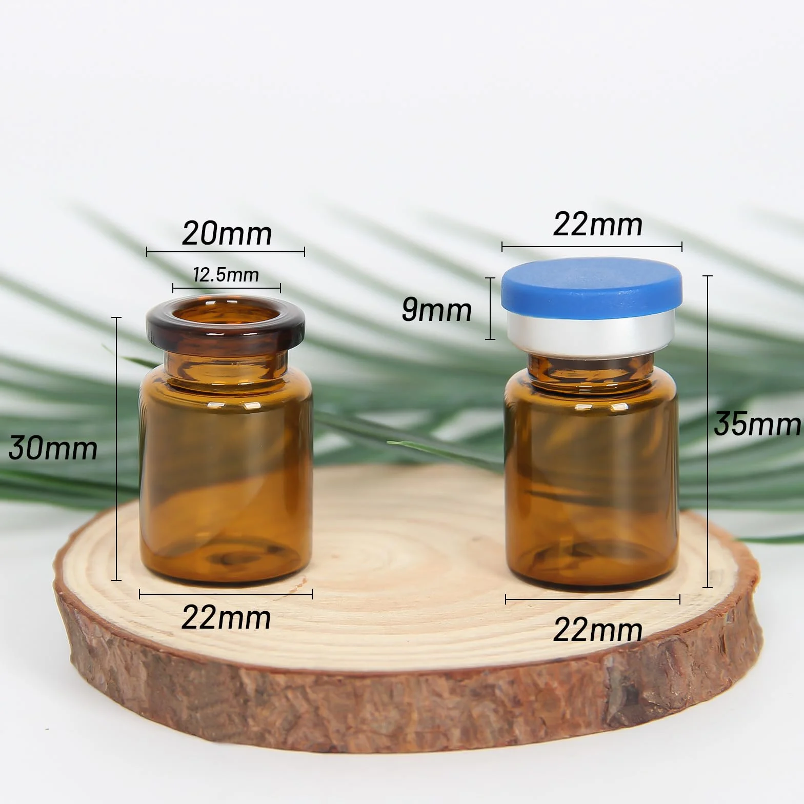 3 ml bernsteinfarbene Glasfläschchen mit Kunststoff-Aluminium-Klappkappen und Gummistopfen, 100 Stück, 20 mm flacher Boden, Laborfläschchen