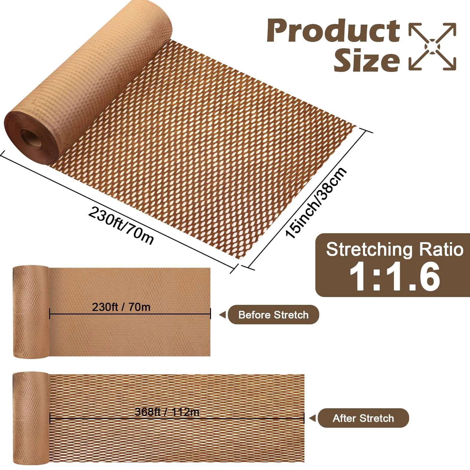 Wabenpapier Verpackungspapier Rolle 38cm x 70m, Braunes Verpackungsmaterial Verpacken Papier enthält 36 Aufkleber für zerbrechliche Gegenstände, Luftpolsterfolie Alternative für Polsterpapier