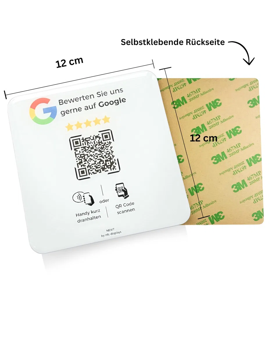 Karte/Schild für Google Bewertungen mit QR-Code und NFC (12x12cm selbstklebend) - weiß