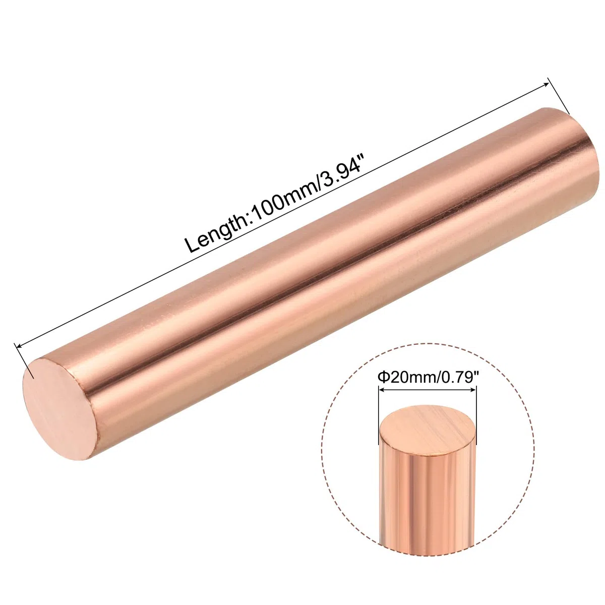 sourcing map Massiver Kupferstab mit Reinem Kupfer, Durchmesser 20 mm, Länge 100 mm, für DIY-Metallhandwerk und Hobbys