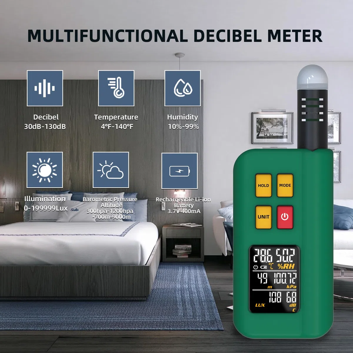BSIDE GX1 Tragbares Umweltmessgerät Wiederaufladbar 6-in-1 mit Digital Lichtmesser Decibelmesser Barometer Höhenmesser Temperatur und Luftfeuchtigkeitsmesser Farbdisplay Daten Halten Smart Testen