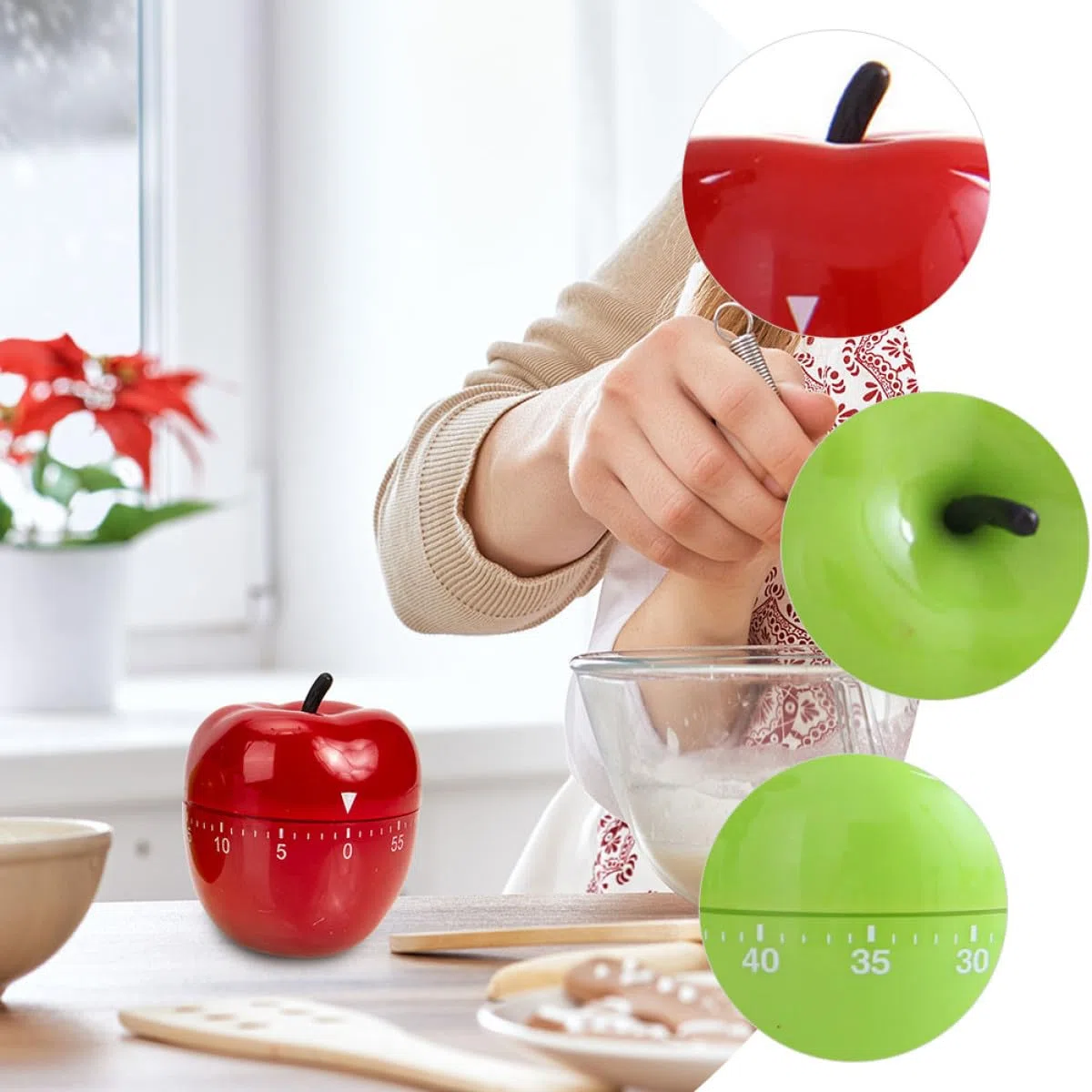 2 Stück Mechanischer Küchentimer Apfelform Grün Rot Manuell Drehbarer Kurzzeitwecker ohne Batterien Mechanischer Countdown für Backen Kochen Zeitmanagement Küche