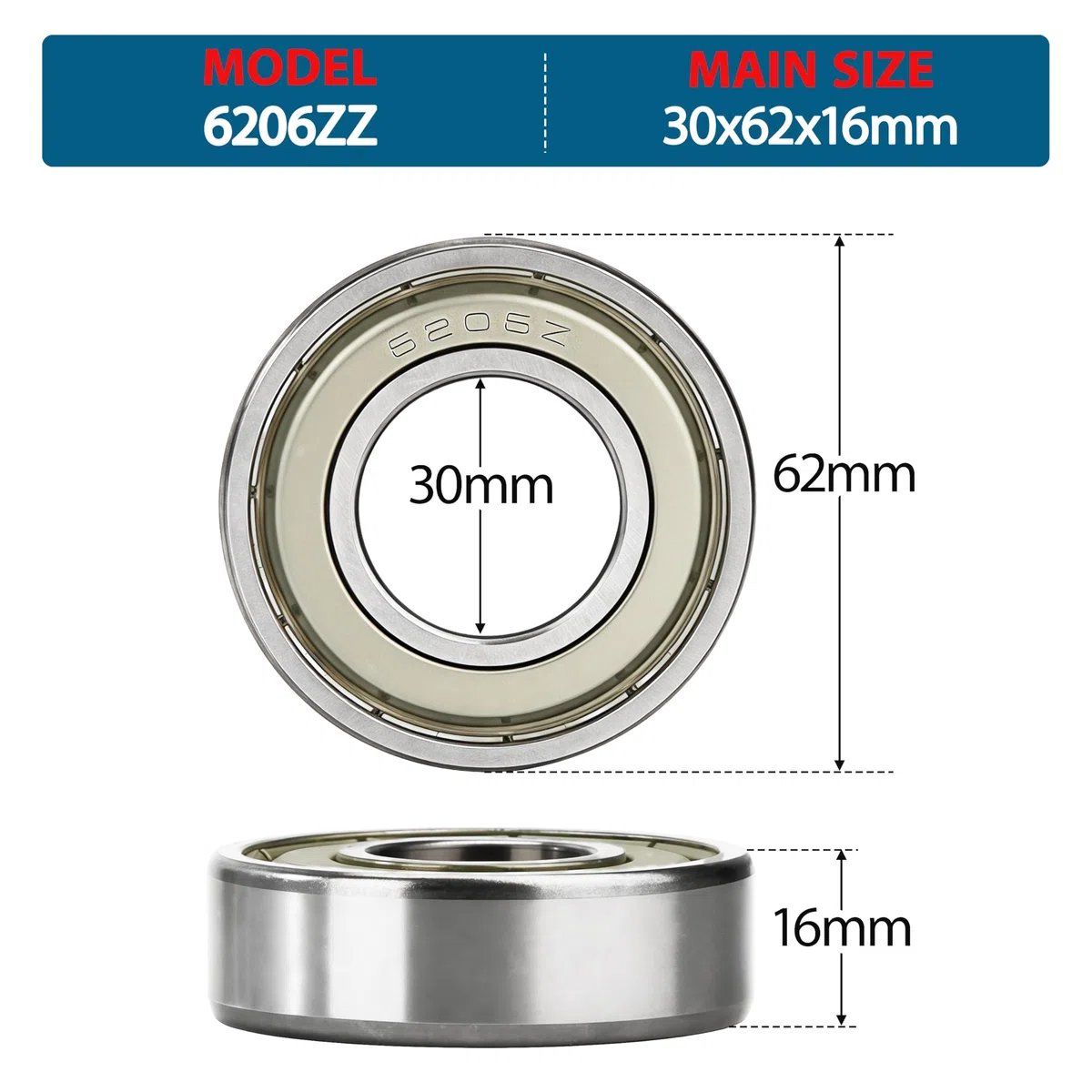 4 Stück 6206ZZ Kugellager 30x62x16mm Chromstahl und Vorgeschmiert Rillenkugellager, 6206Z Doppelte Metalldichtung mit Dichtungen Schilde für DIY, Skateboards, Drehbänke, Motoren