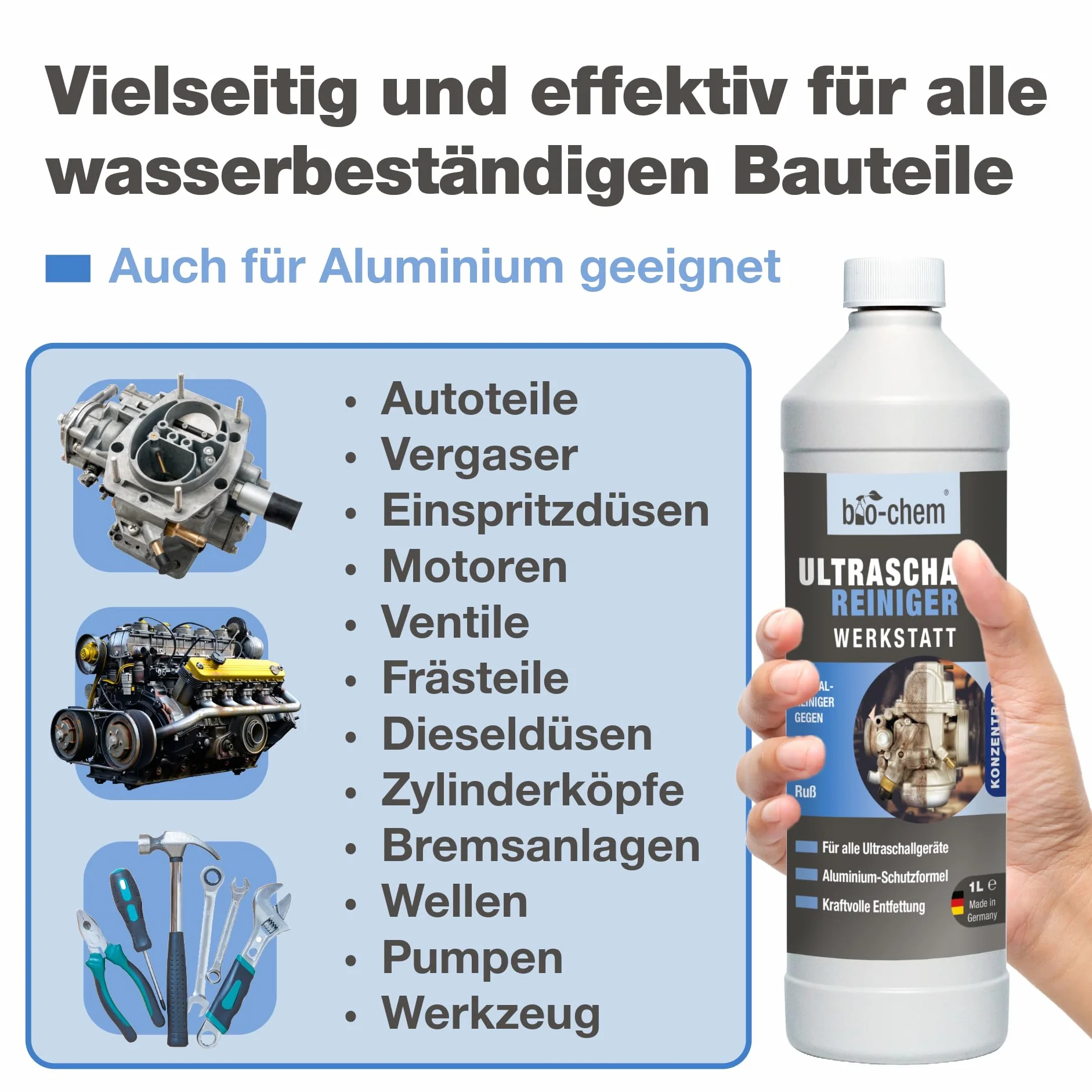 bio-chem Ultraschallreiniger Werkstatt Konzentrat 1L | Für Ultraschallbäder | geeignet für Vergaser, Metall & Aluminium bei Öl, Fett, Ruß & Abrieb