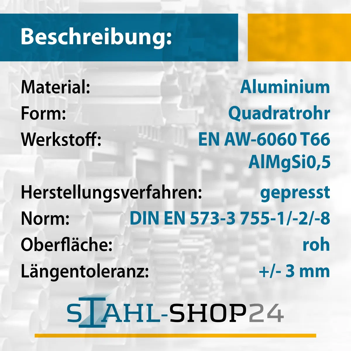 Stahl-Shop24 - Aluminium Quadratrohr 50x50x5 mm, Länge 2000 mm - Alu Hohlprofil gepresst Konstruktionsrohr Vierkantrohr für Konstruktionen Werkstoff EN AW-6060 T66 AlMgSi0,118