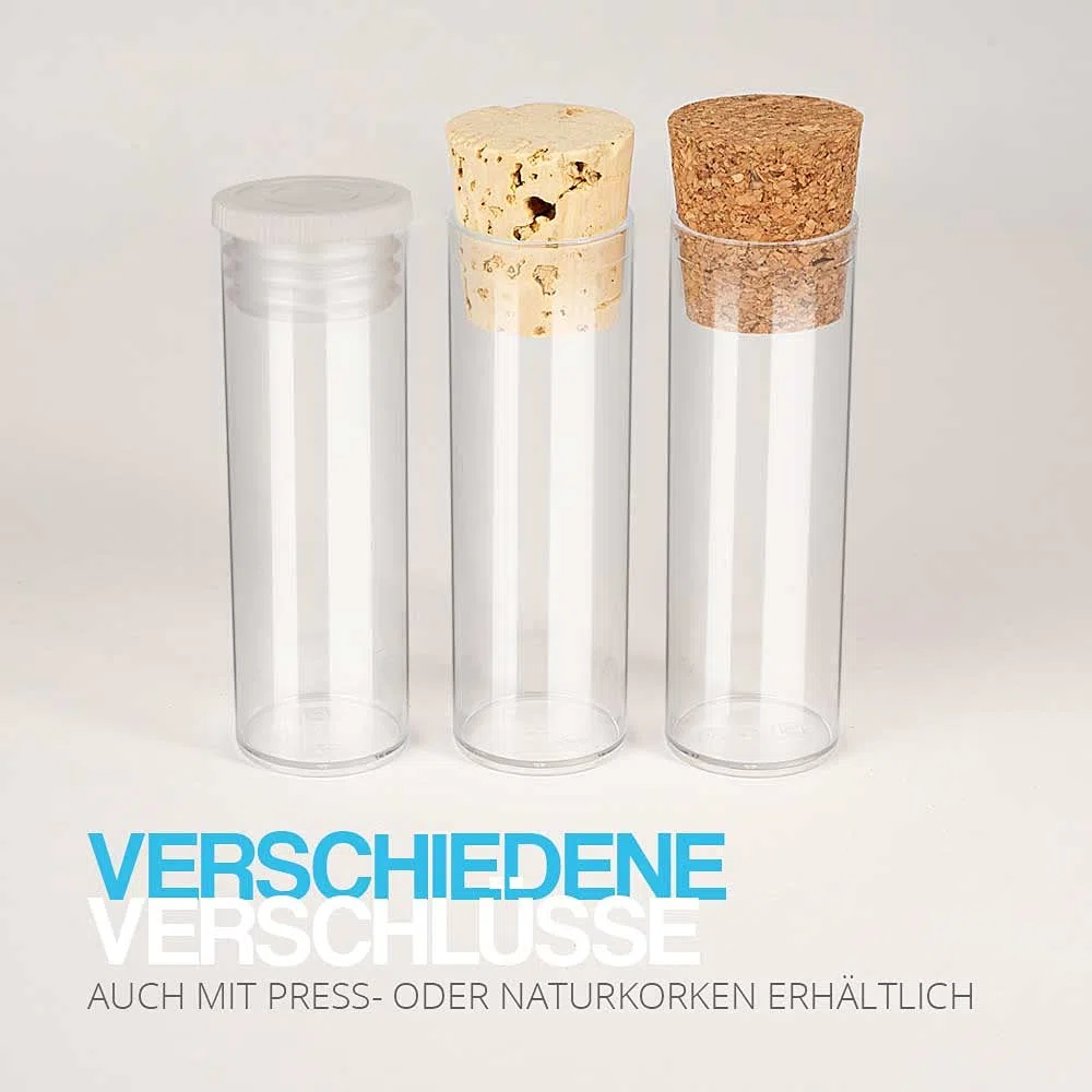 Tuuters 100x Kunststoff Reagenzgläser mit Korken, Kunststoffröhrchen (65 x Ø23, Flachlamelle)
