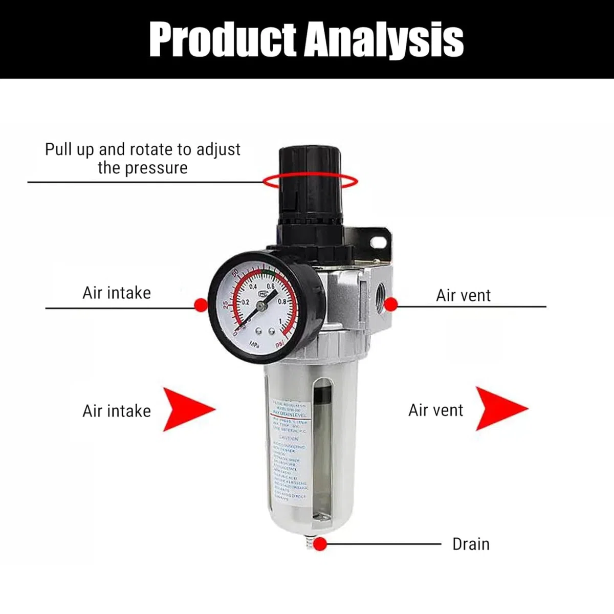 1/2" BSP Druckluft Filterregler, Wasserabscheider Druckluft Druckminderer Luftkompressor Feuchtigkeitsabscheider Filter Regler mit Befestigungsanschluss für Druckluftkompressor